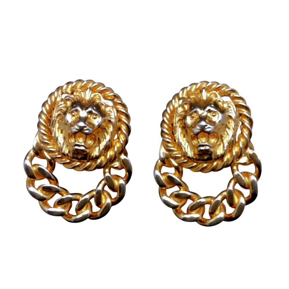 Anne Klein Lion Head Earrings Door Knocker Vintage Gold Tone Clip On Link Hoop - Picture 8 of 9